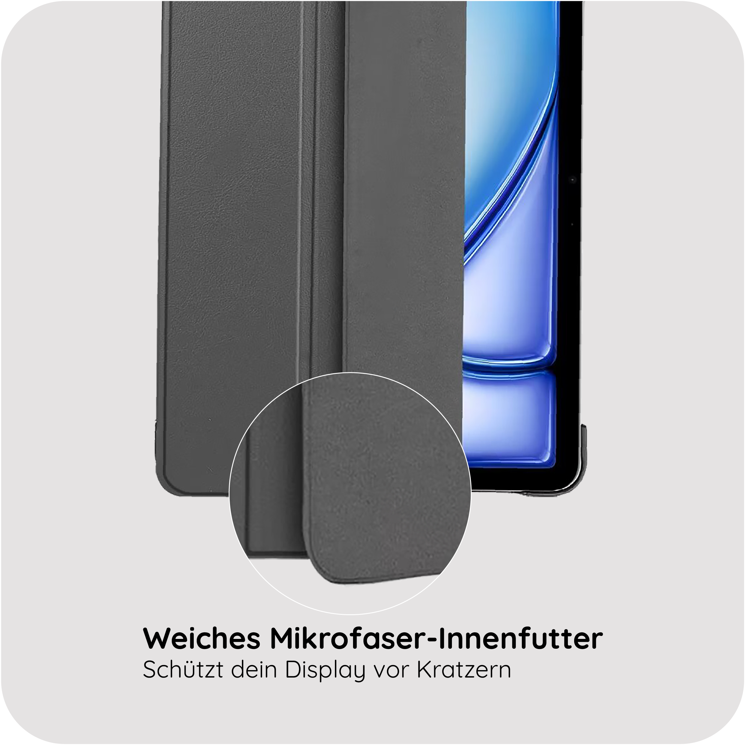 Graues Handycover mit Mikrofaserfutter und Blick auf das blaue Display.
