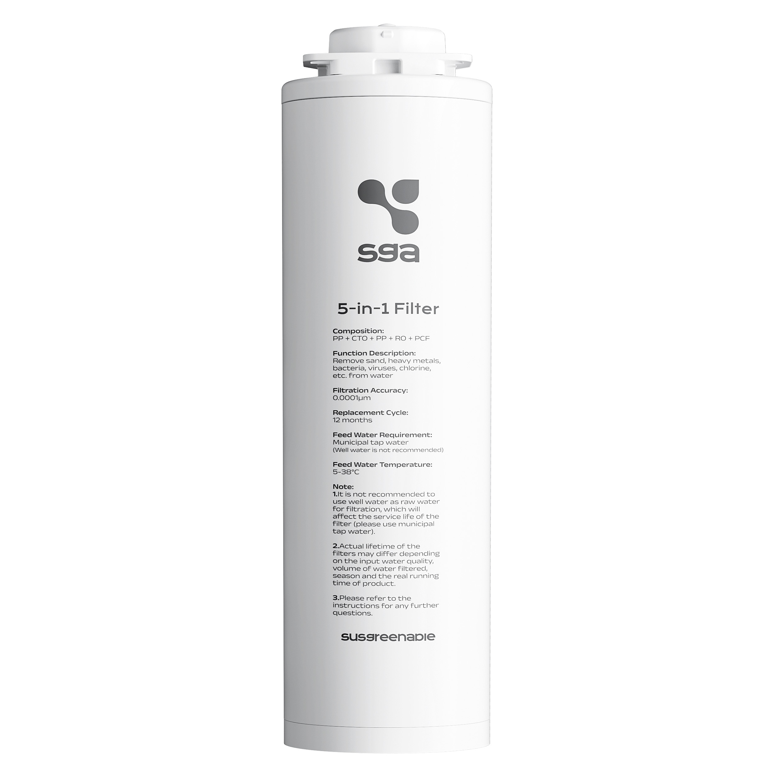 Ein weißer Wasserfilter mit dem Logo 'sga' und Spezifikationen.