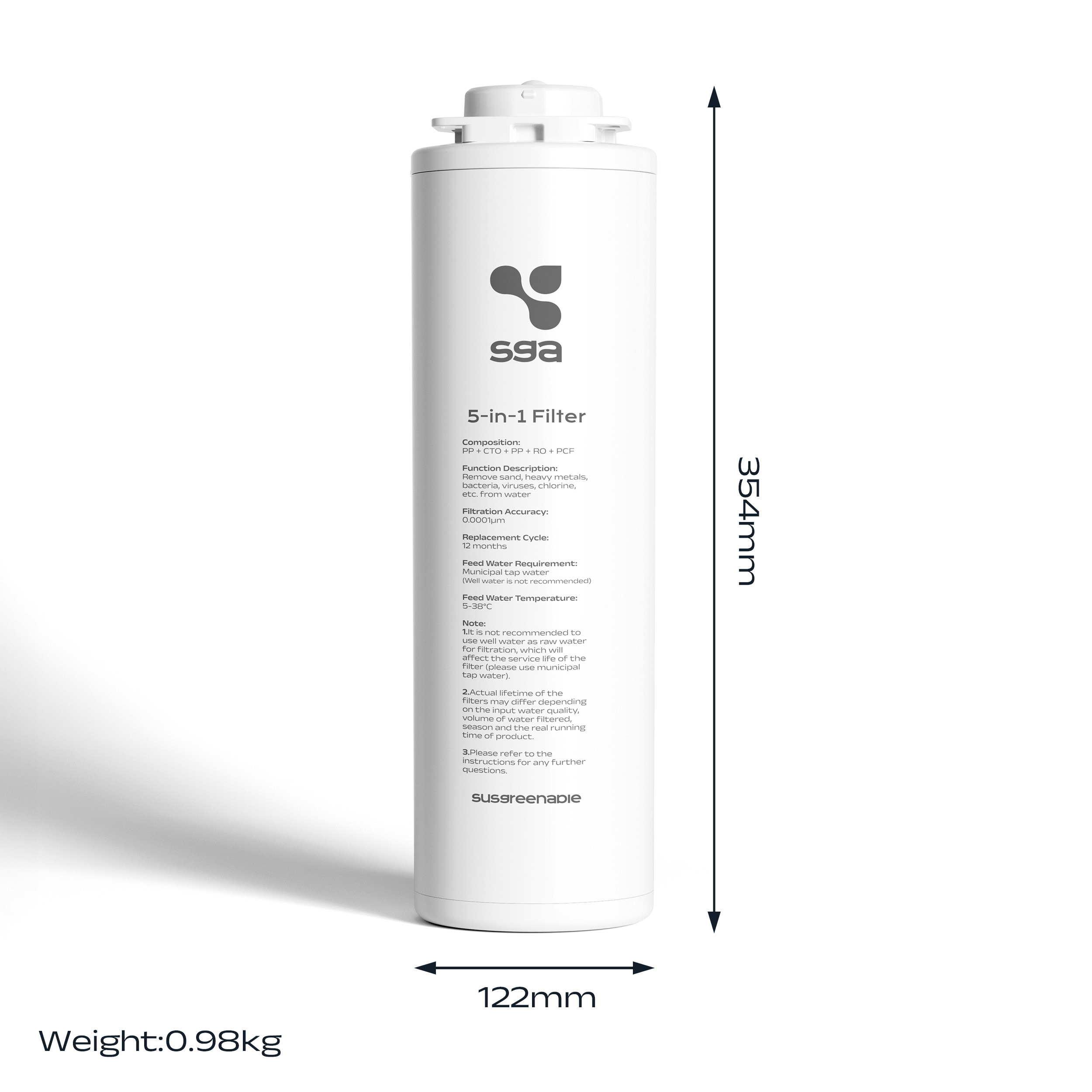 Weißer 5-in-1-Wasserfilter mit Maßen und Gewichtsangabe. Filtert 0,0001µm.