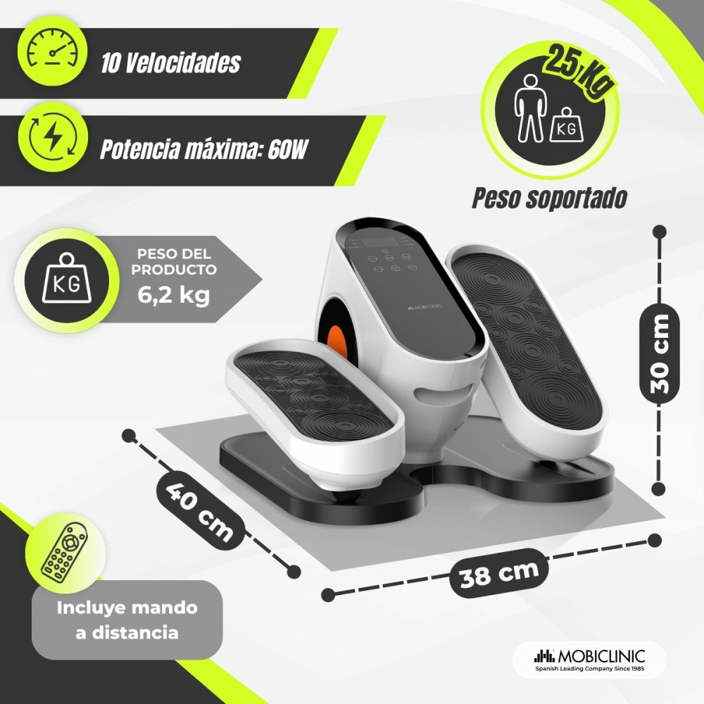 Un stepper elíptico blanco con pedales negros, 40x38x30cm. Peso máximo soportado 25kg.