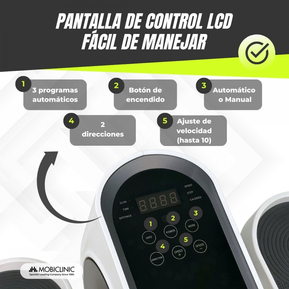 Panel de control de una máquina de ejercicio con opciones de programas, potencia y velocidad.