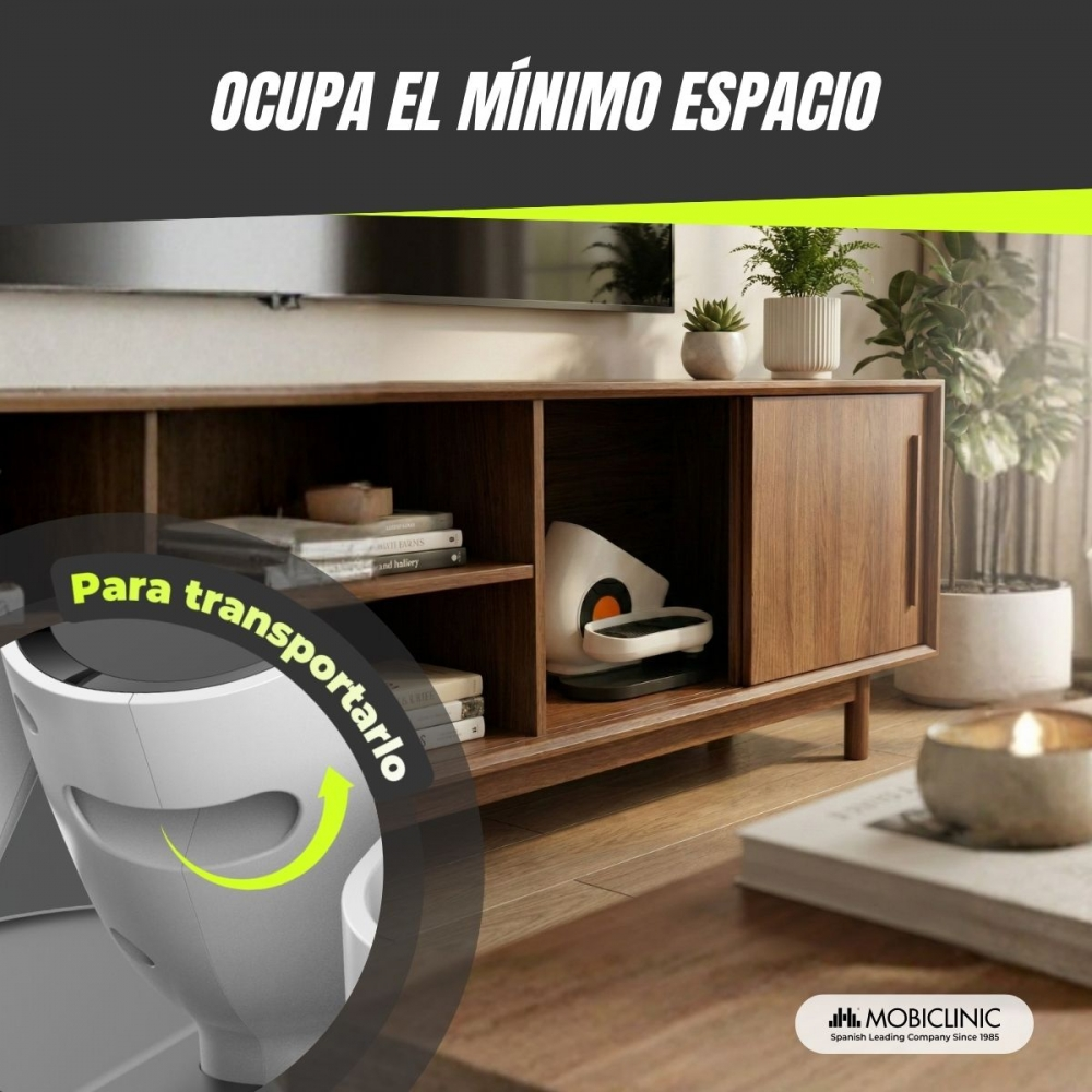 Un dispositivo blanco con detalles naranjas está en un mueble de madera.