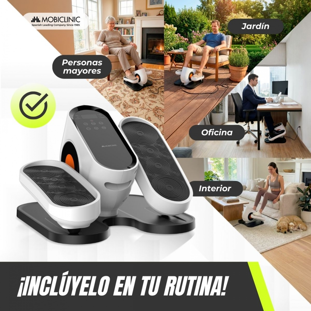 Una máquina de ejercicio en casa mostrada en varios escenarios: mayores, jardín, oficina e interior.