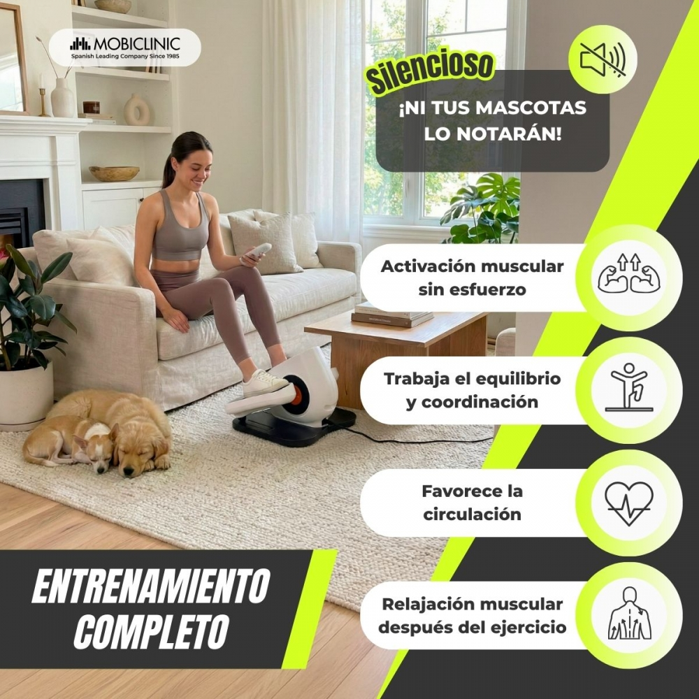 Mujer usa máquina de ejercicio, perros duermen. Beneficios: activación, equilibrio, circulación.