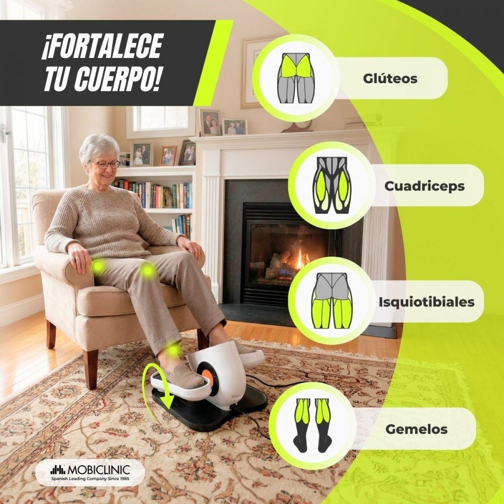 Mujer mayor en silla con máquina de ejercicio para piernas. Ilustraciones muestran grupos musculares.