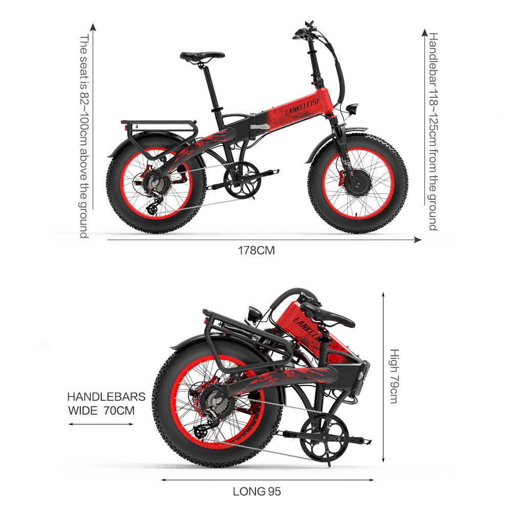 Una bicicletta elettrica pieghevole rossa e nera con pneumatici larghi.