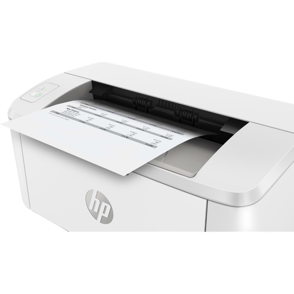 Çıktı tepsisinden çıkan bir kağıt yaprağı olan beyaz bir HP yazıcı.