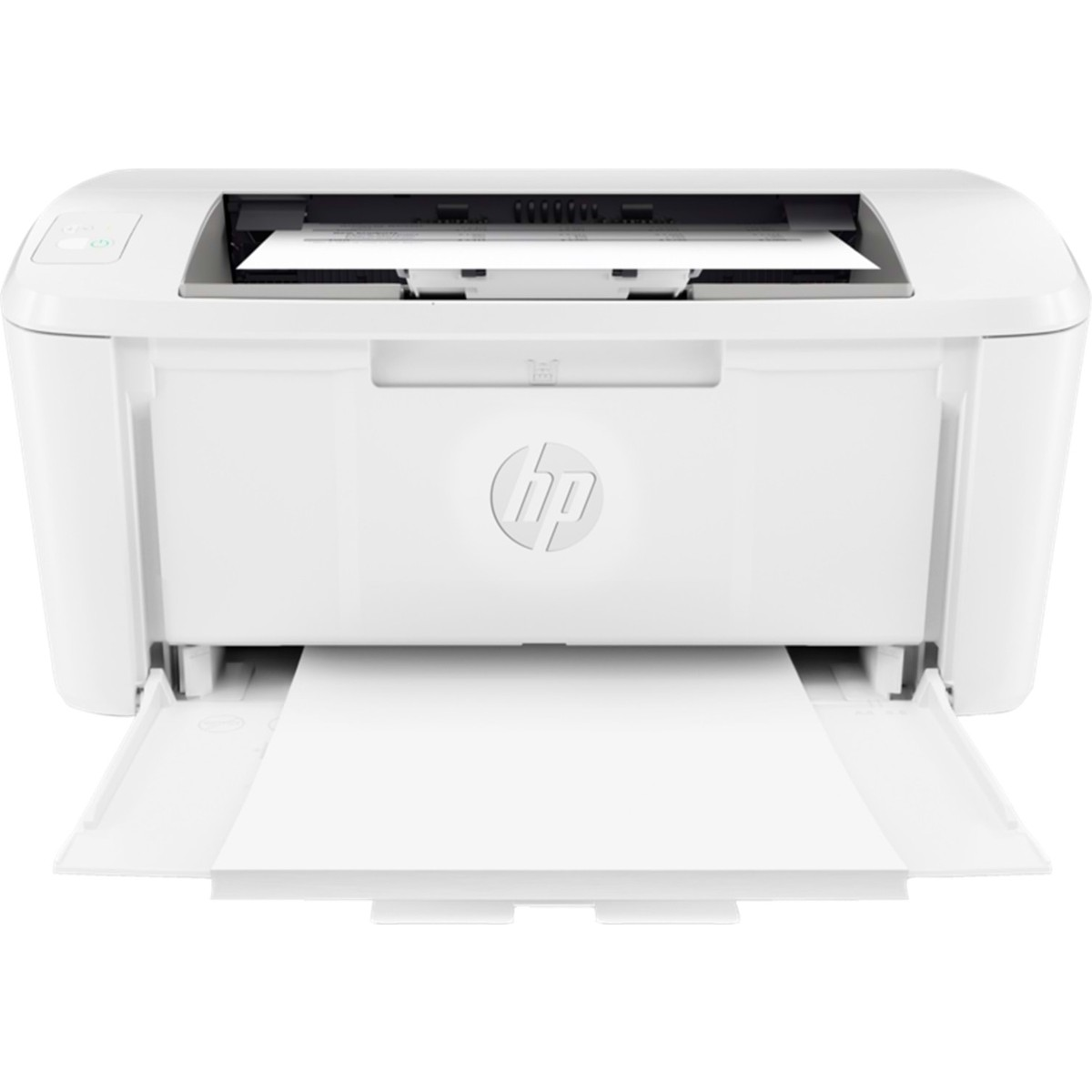 Kağıt giriş ve çıkış tepsilerinde beyaz HP yazıcı.