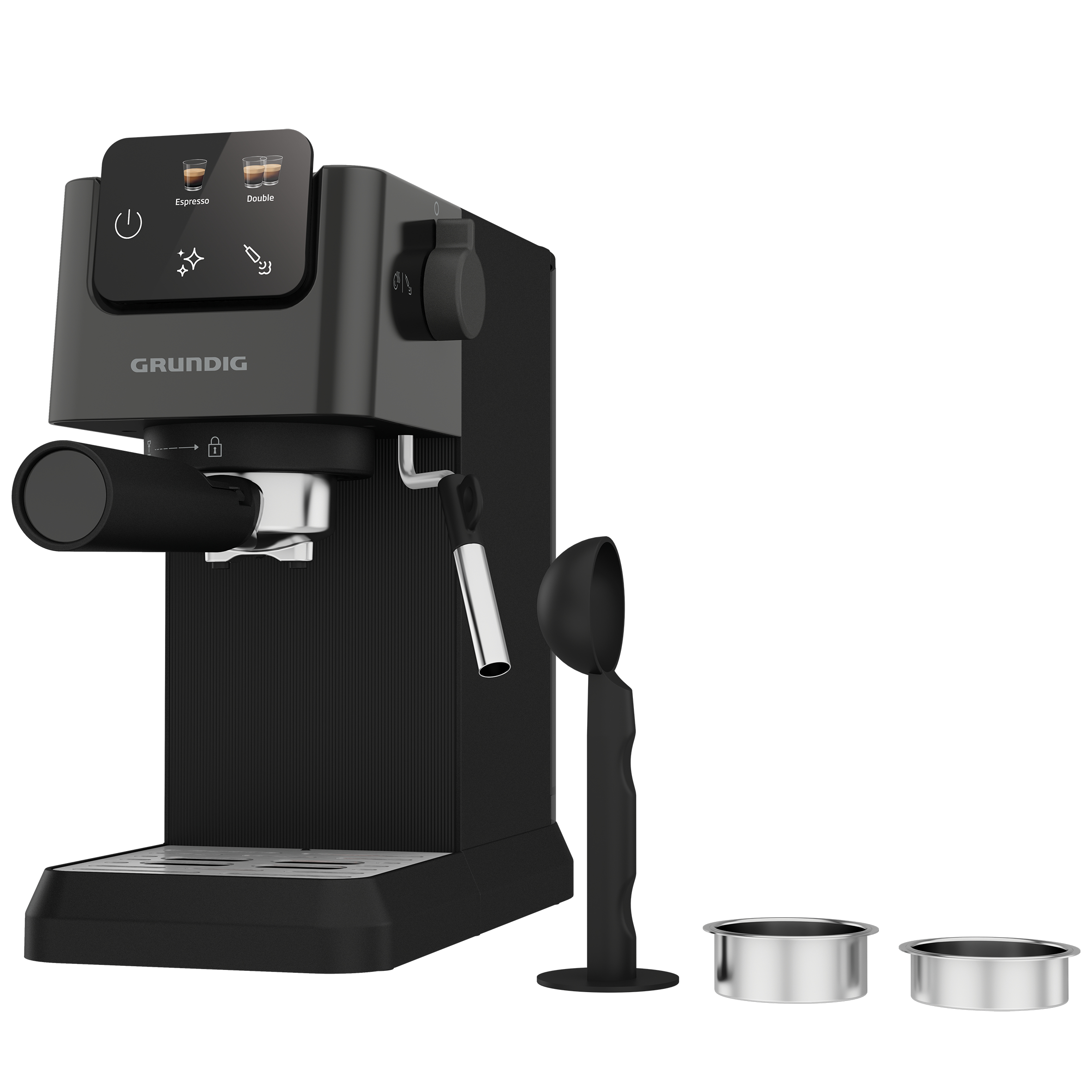 Schwarze Kaffeemaschine mit Bedienfeld, Siebträger und zwei Sieben.