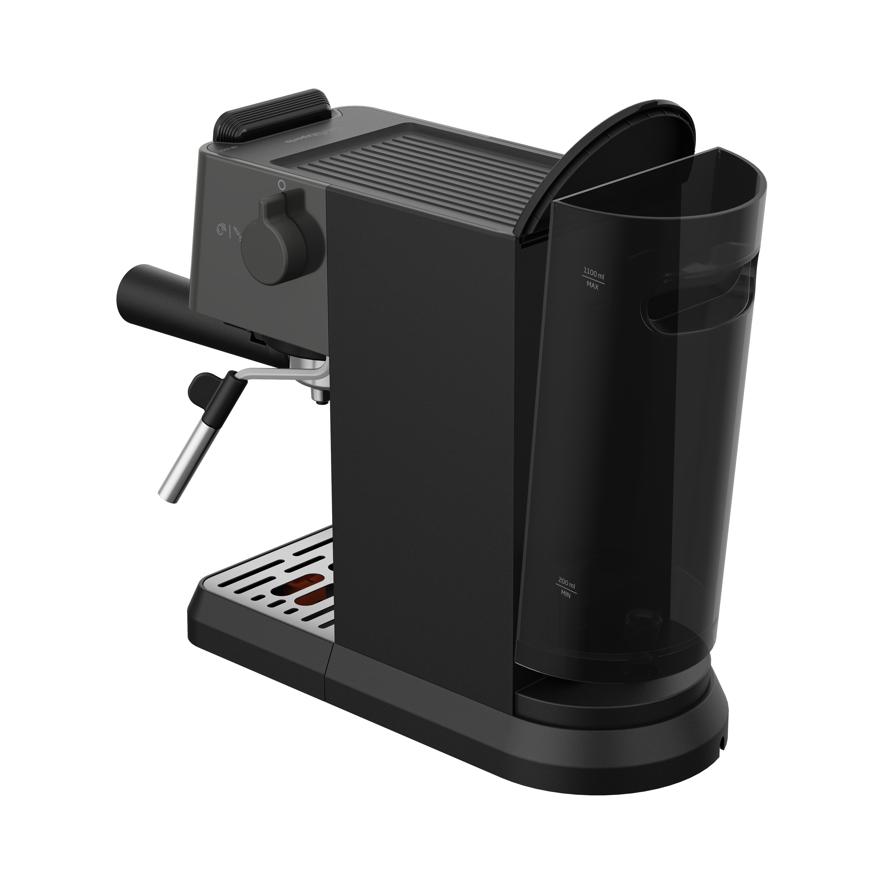 Schwarze Kaffeemaschine mit abnehmbarem Wassertank und Tropfschale.