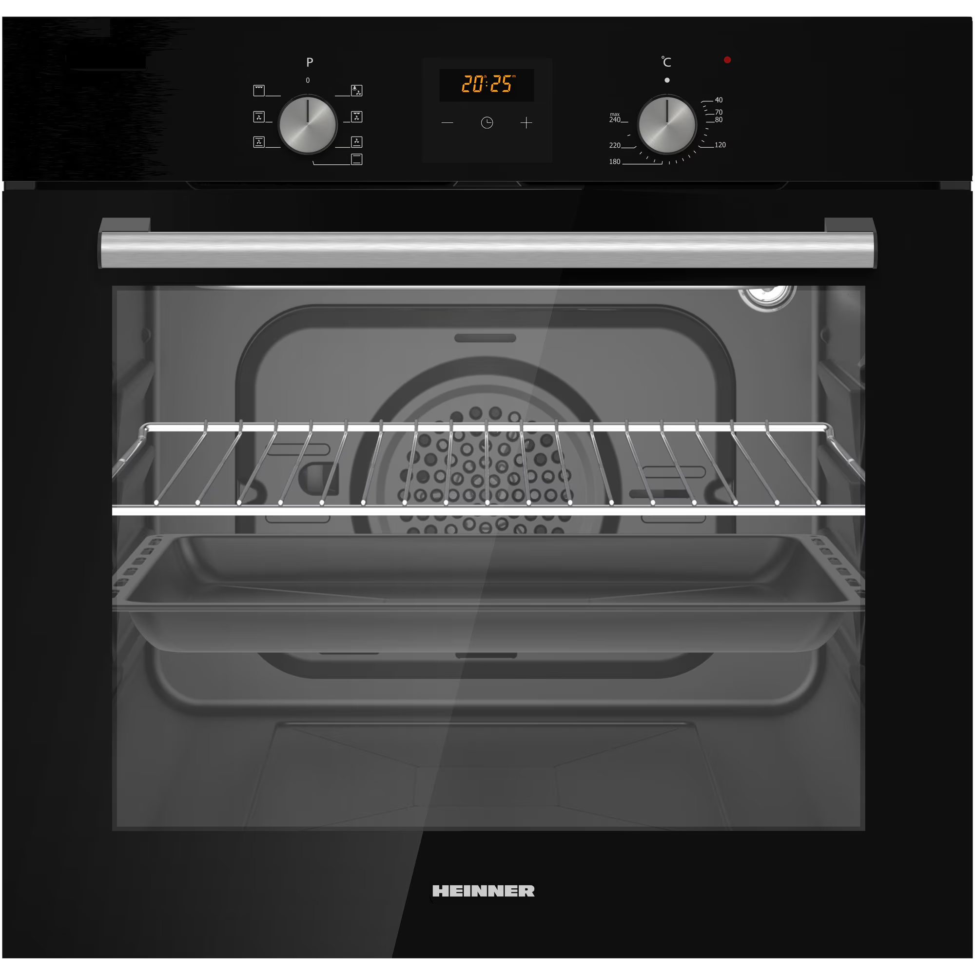 Een zwarte Heinner oven met digitaal display en zilveren bedieningsknoppen.