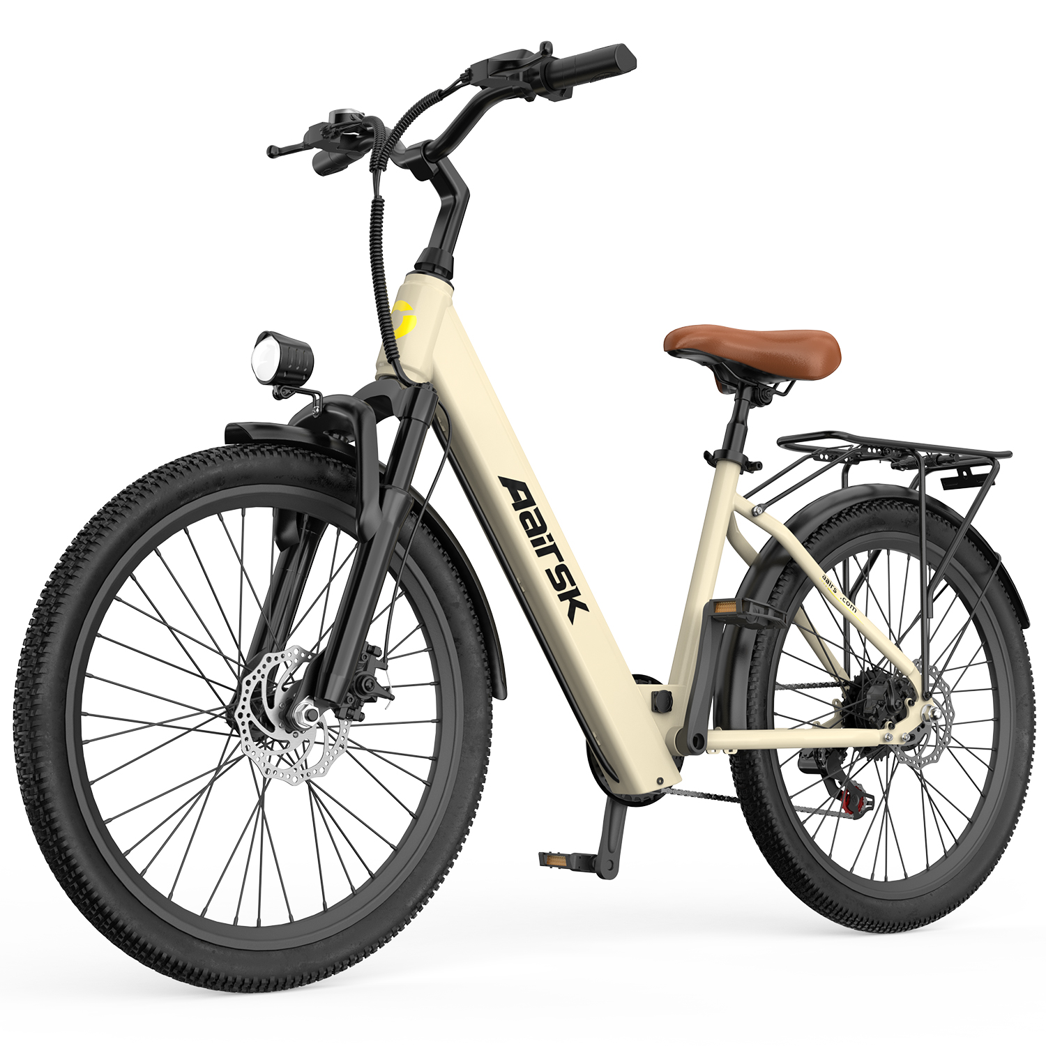 Beigefarbenes E-Bike mit braunem Sattel, Gepäckträger und Scheinwerfer.