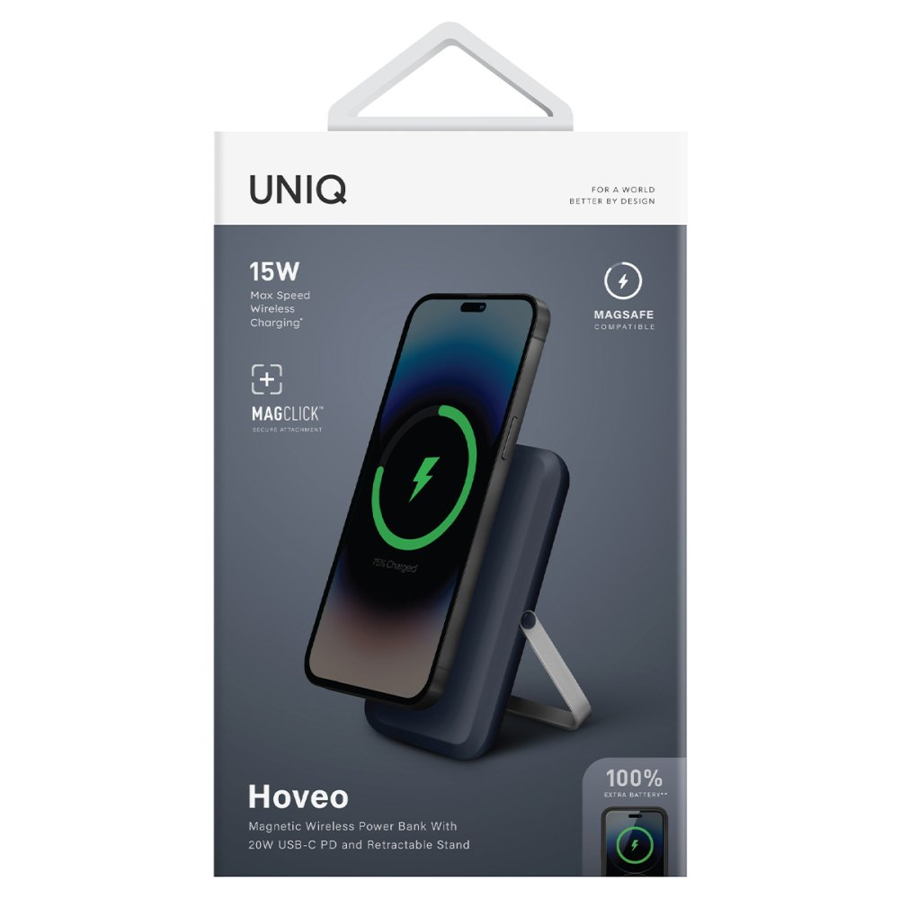 Bir iPhone, mavi bir UNIQ Hoveo powerbank üzerinde kablosuz olarak şarj oluyor.