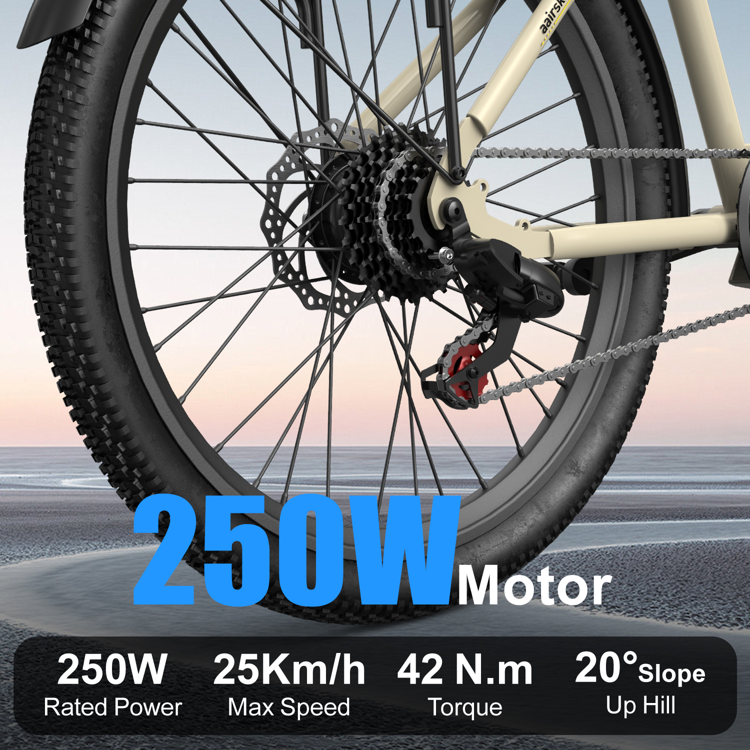 Nahaufnahme eines Fahrradrades mit Gangschaltung. 250W Motor.