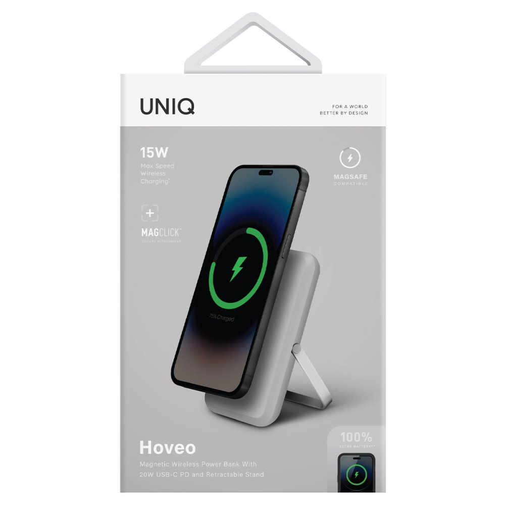 UNIQ Horeo powerbank iPhone'u kablosuz şarj ediyor. 15W maks.
