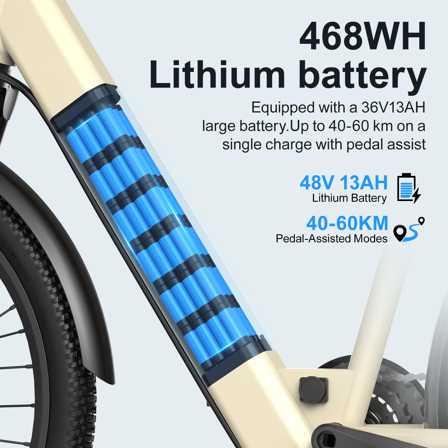 Beiger E-Bike-Rahmen zeigt sichtbare blaue Lithium-Batteriezellen. Reichweite 40-60 km.