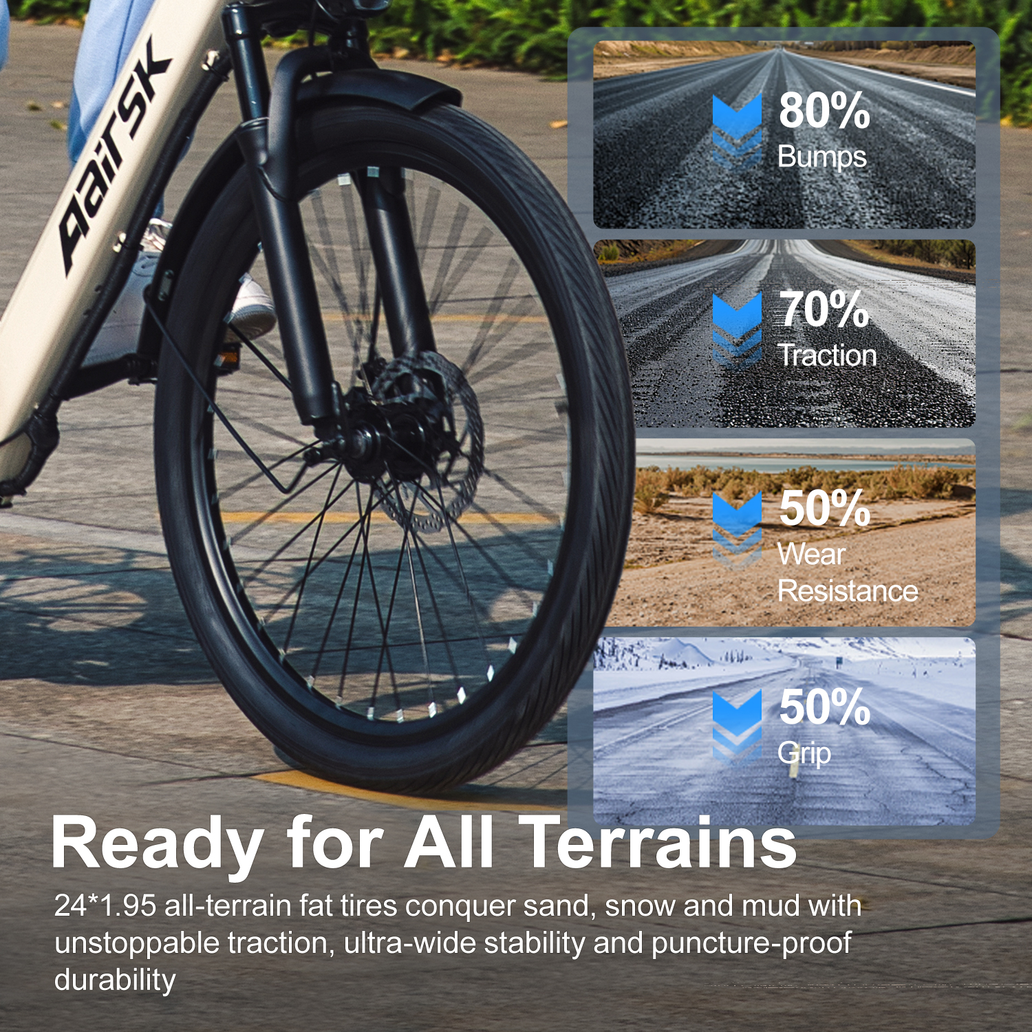 Ein Fahrrad mit breiten Reifen steht bereit für alle Terrains.