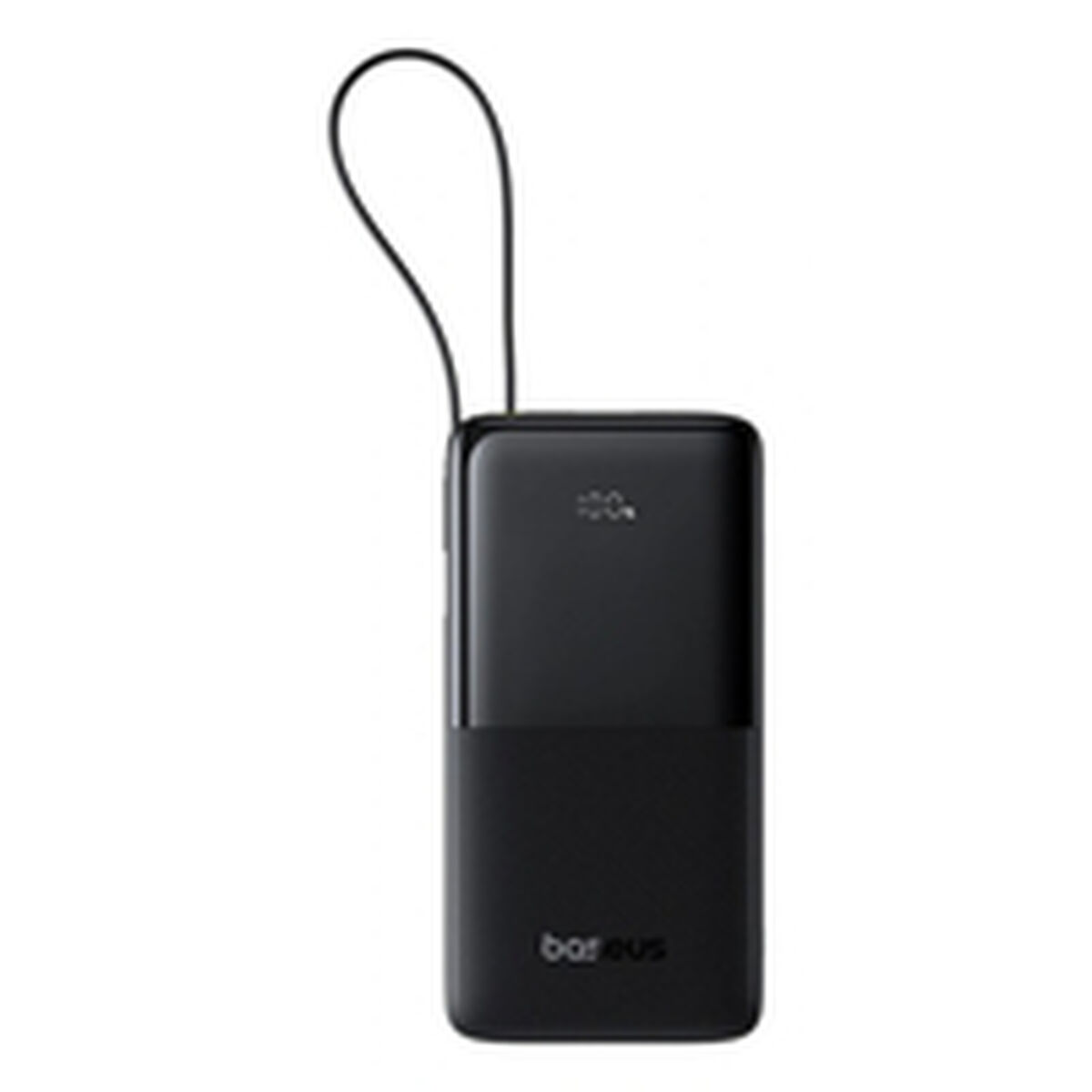 Power bank nero con anello per laccio e indicatore 100%.