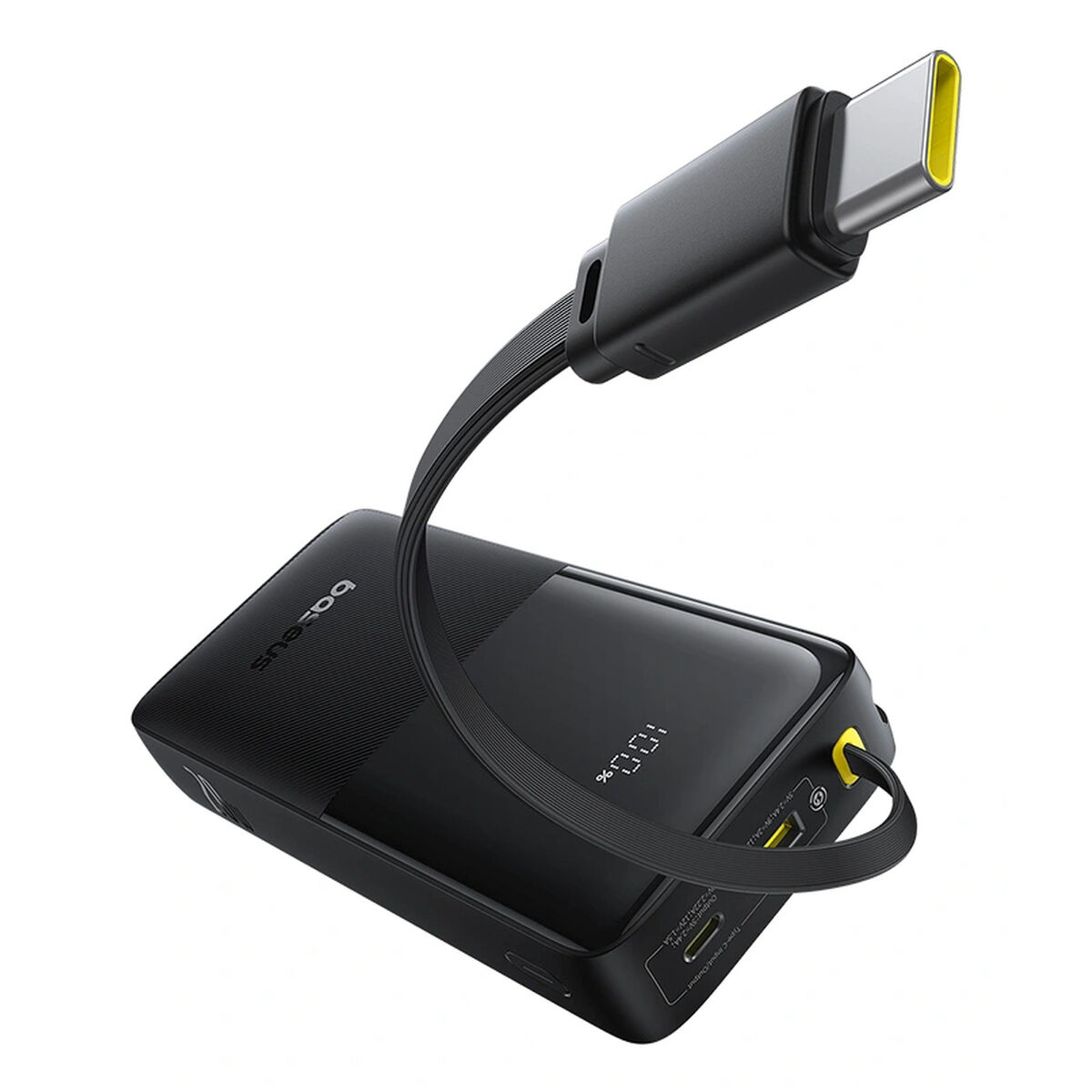 Power bank Baseus nero con carica al 100%, collegato a cavo USB-C.