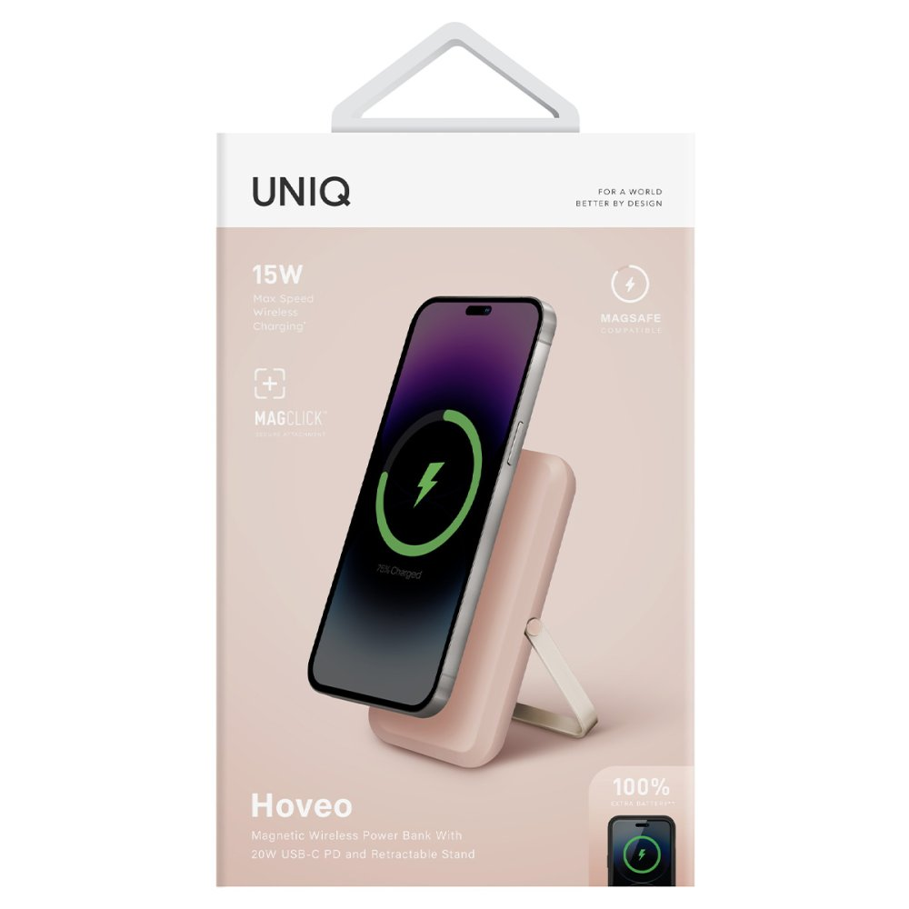 Kablosuz şarj olan bir iPhone tutan pembe UNIQ Hōveo powerbank standı.