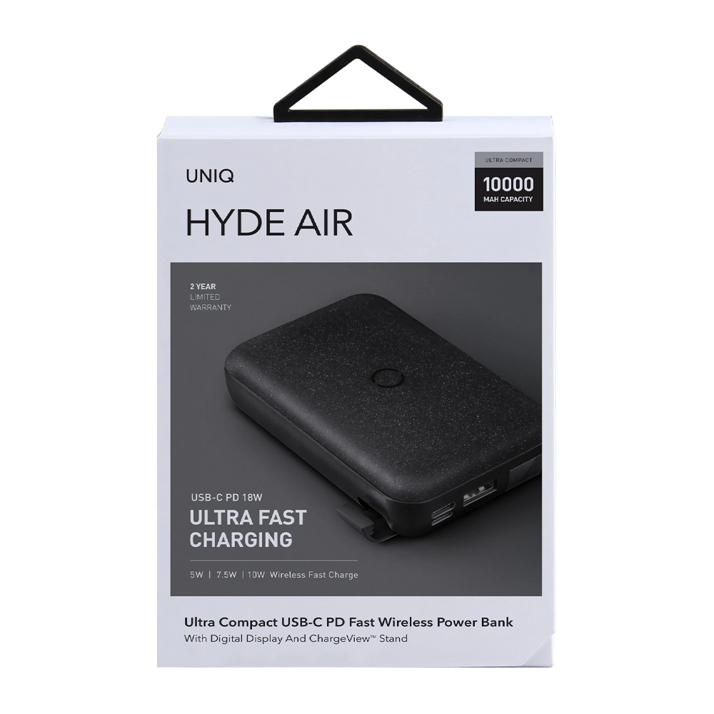 10000 mAh kapasiteli siyah UNIQ HYDE AIR taşınabilir şarj cihazı kutusu.