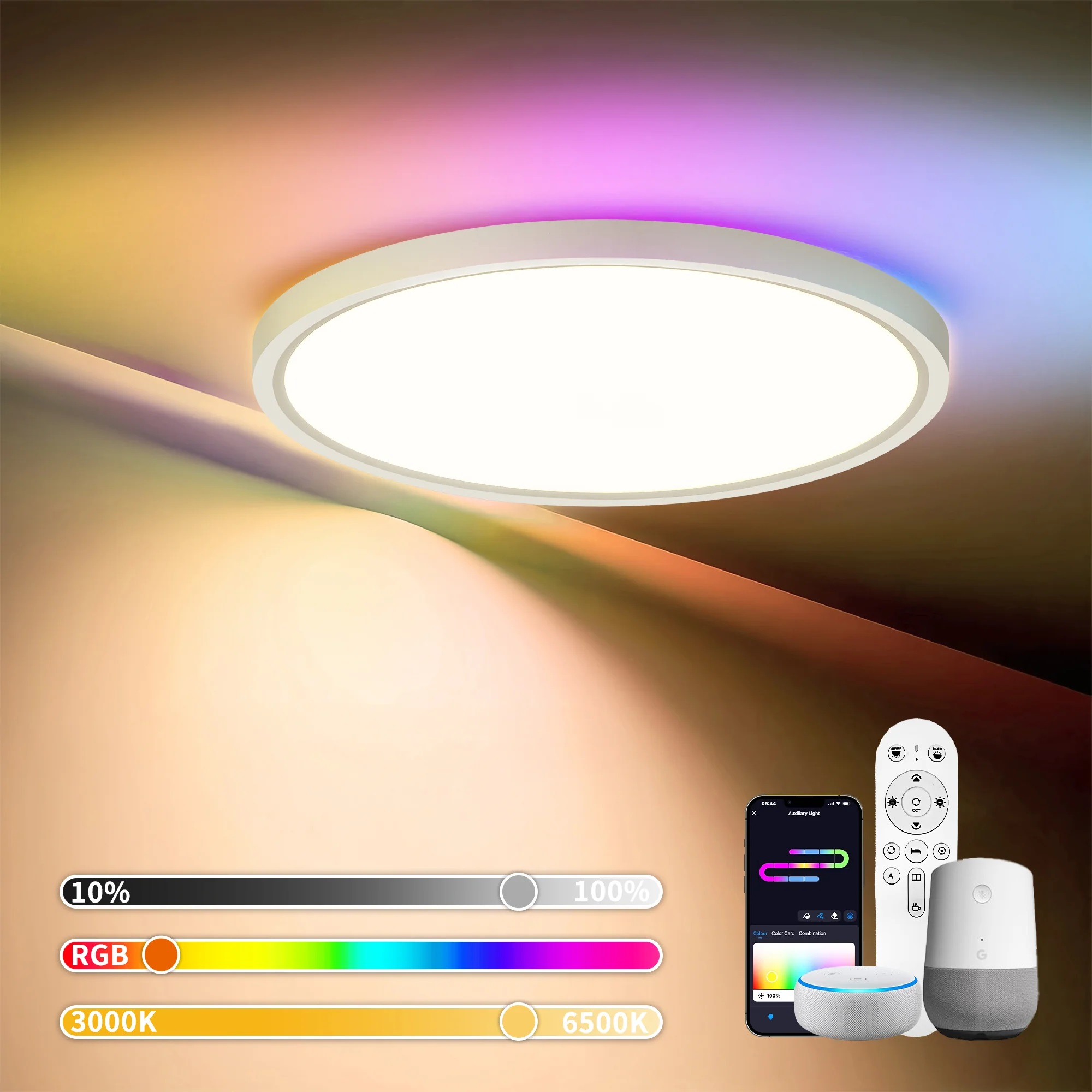Plafoniera moderna con cambio colore, telecomando, app e smart speaker.