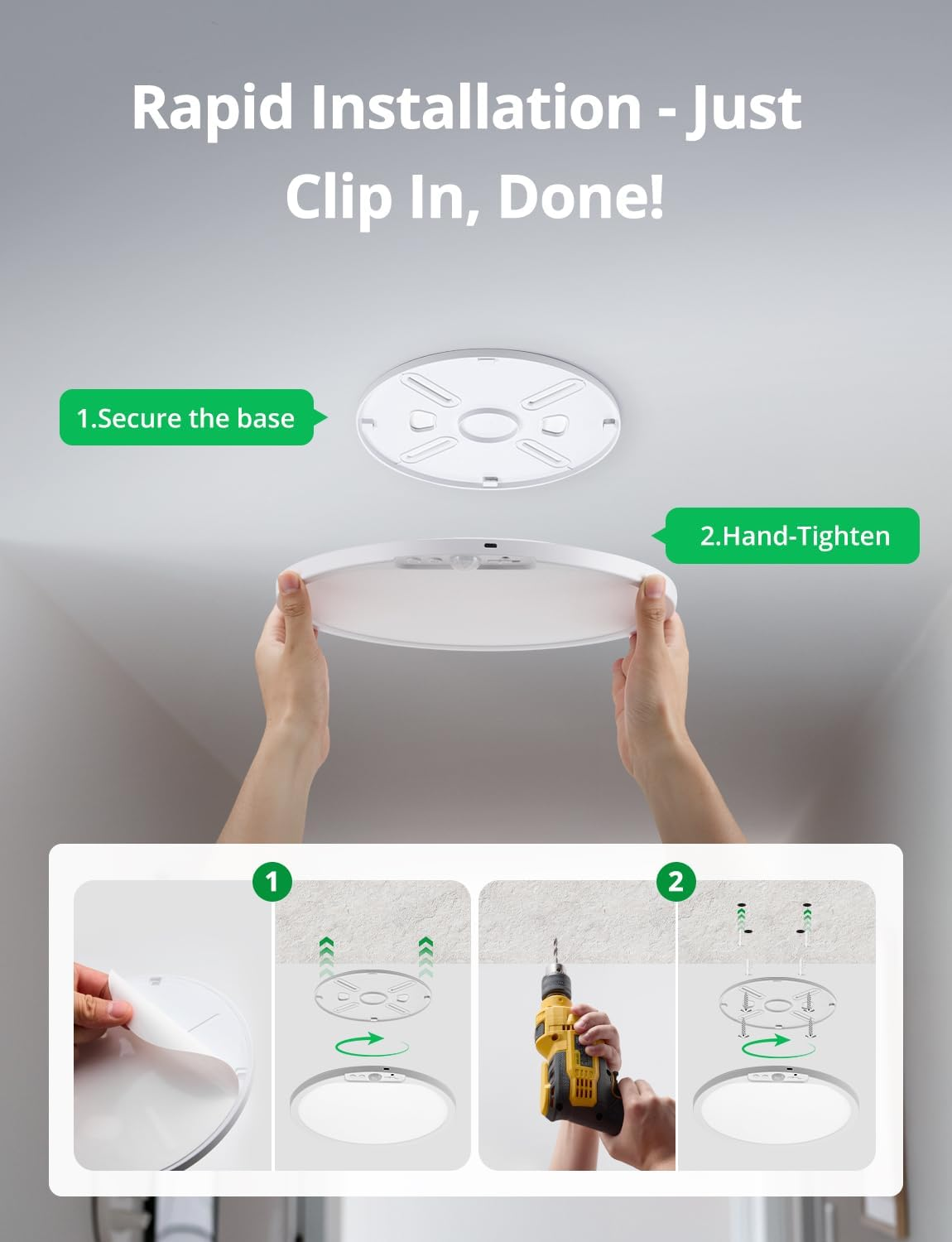 Guida all'installazione: Fissare la base, agganciare la luce e stringere.