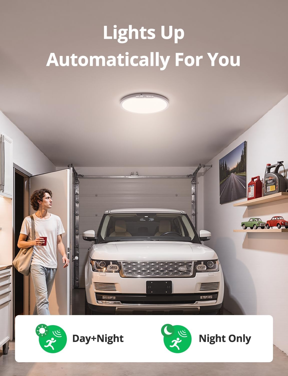 Uomo entra in garage con SUV bianco. Luci sul soffitto.