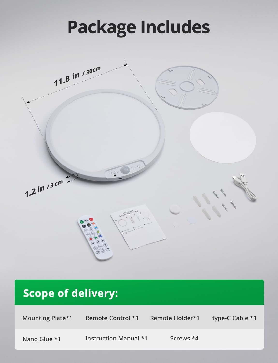 La confezione include: Lampada da soffitto bianca, telecomando, cavo e accessori.