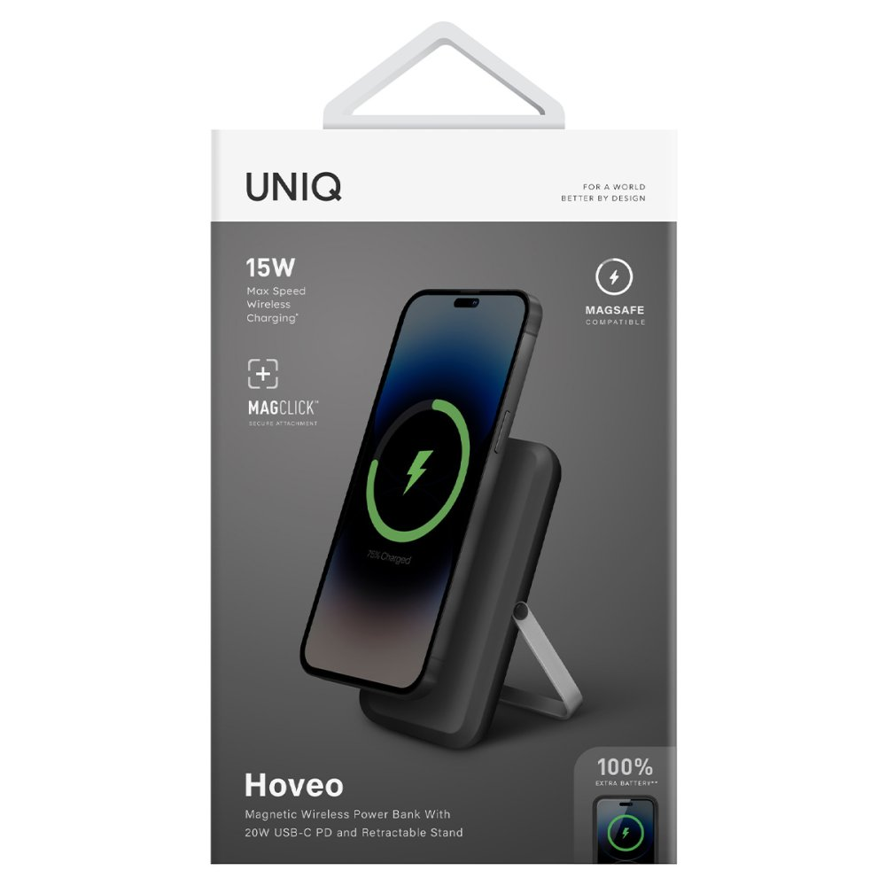 UNIQ Hoveo powerbank stantta telefon ile. 15W kablosuz şarj, MagClick, MagSafe uyumlu.