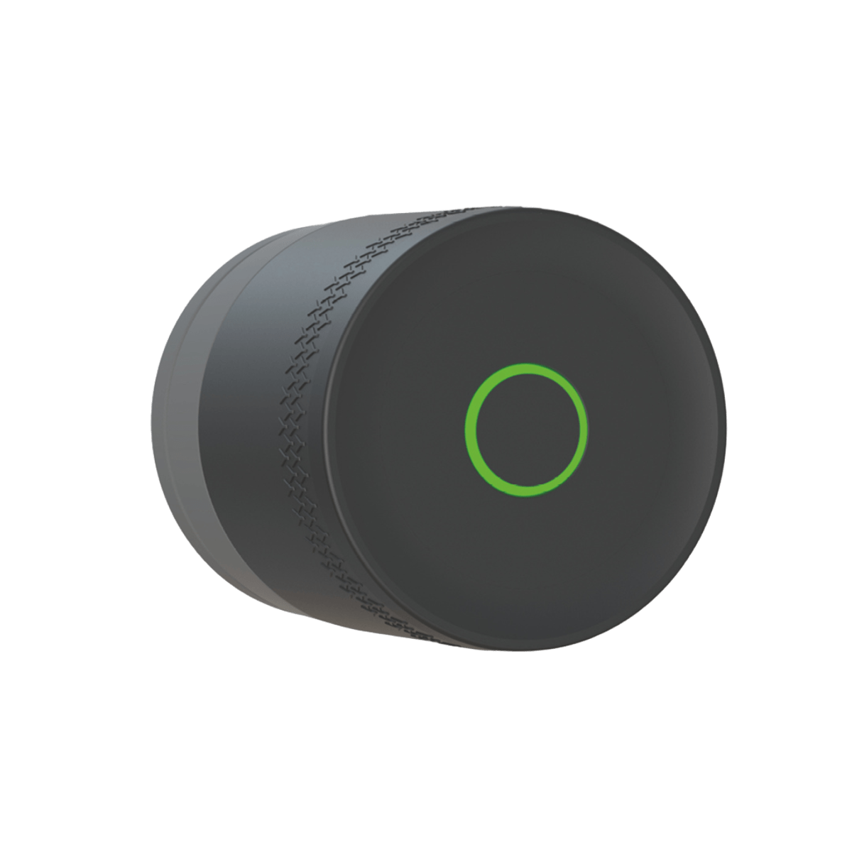 Czarny cylindryczny przedmiot z zielonym kółkiem z przodu.
