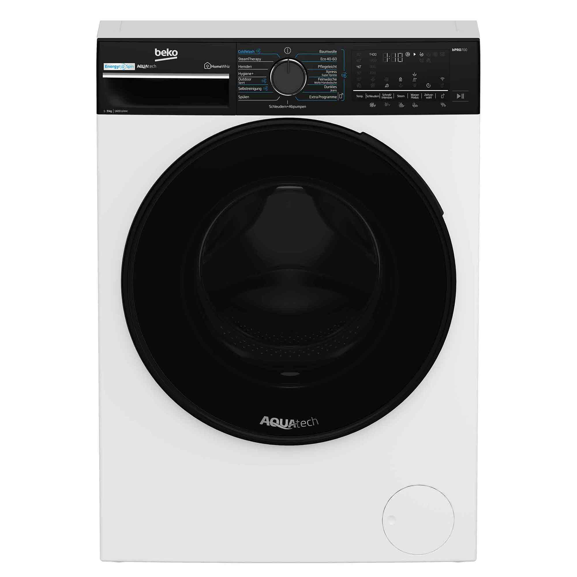 Eine weiße Beko Waschmaschine mit schwarzer Tür und Bedienfeld. Die Trommel ist sichtbar.