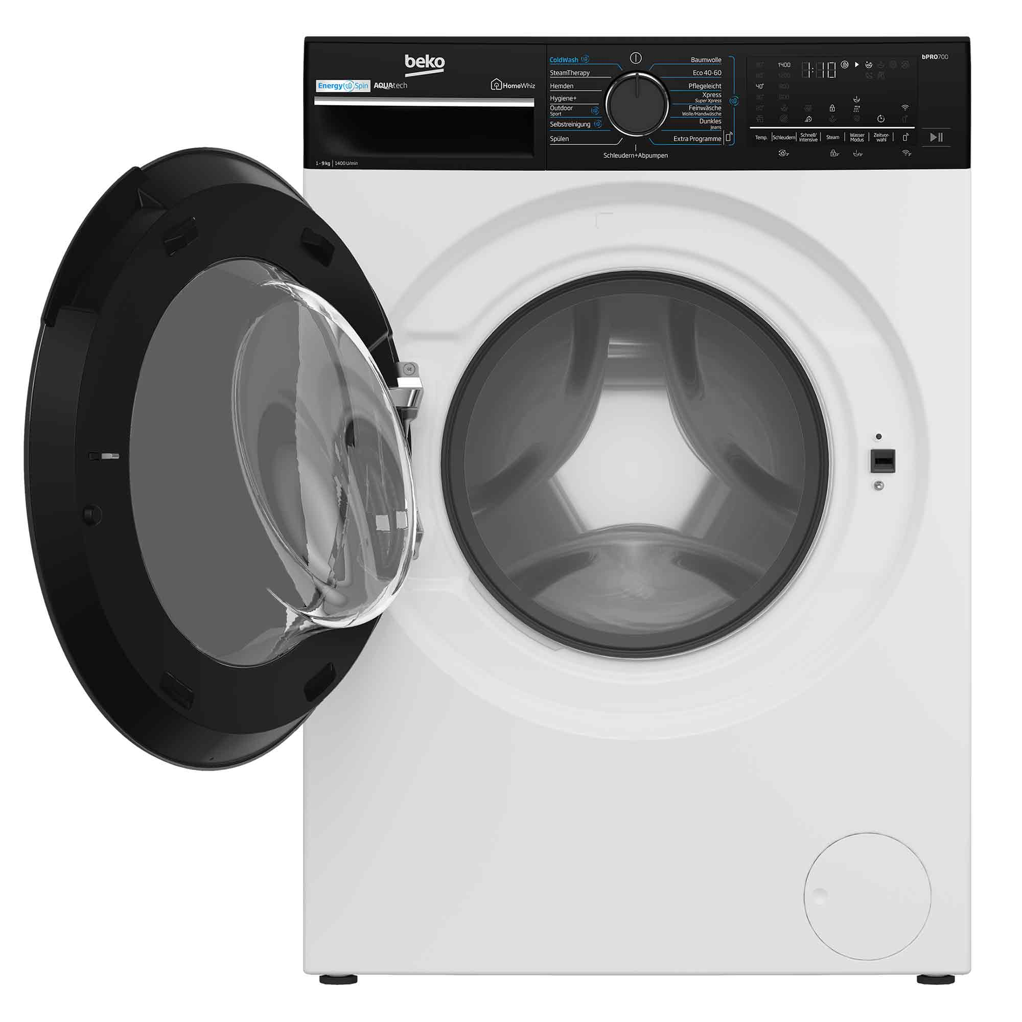 Weiße Beko Waschmaschine mit geöffneter schwarzer Tür und Trommel.
