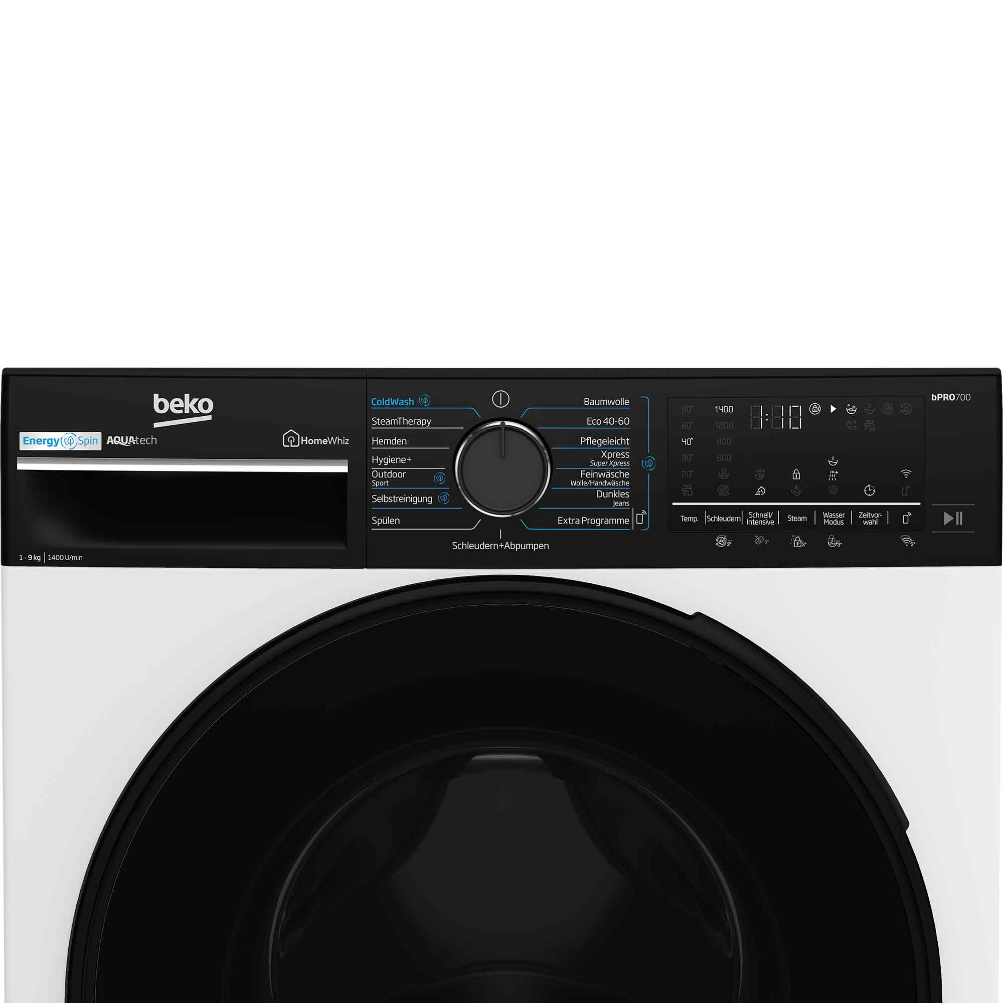 Beko Waschmaschine mit digitalem Display und Programmauswahl.