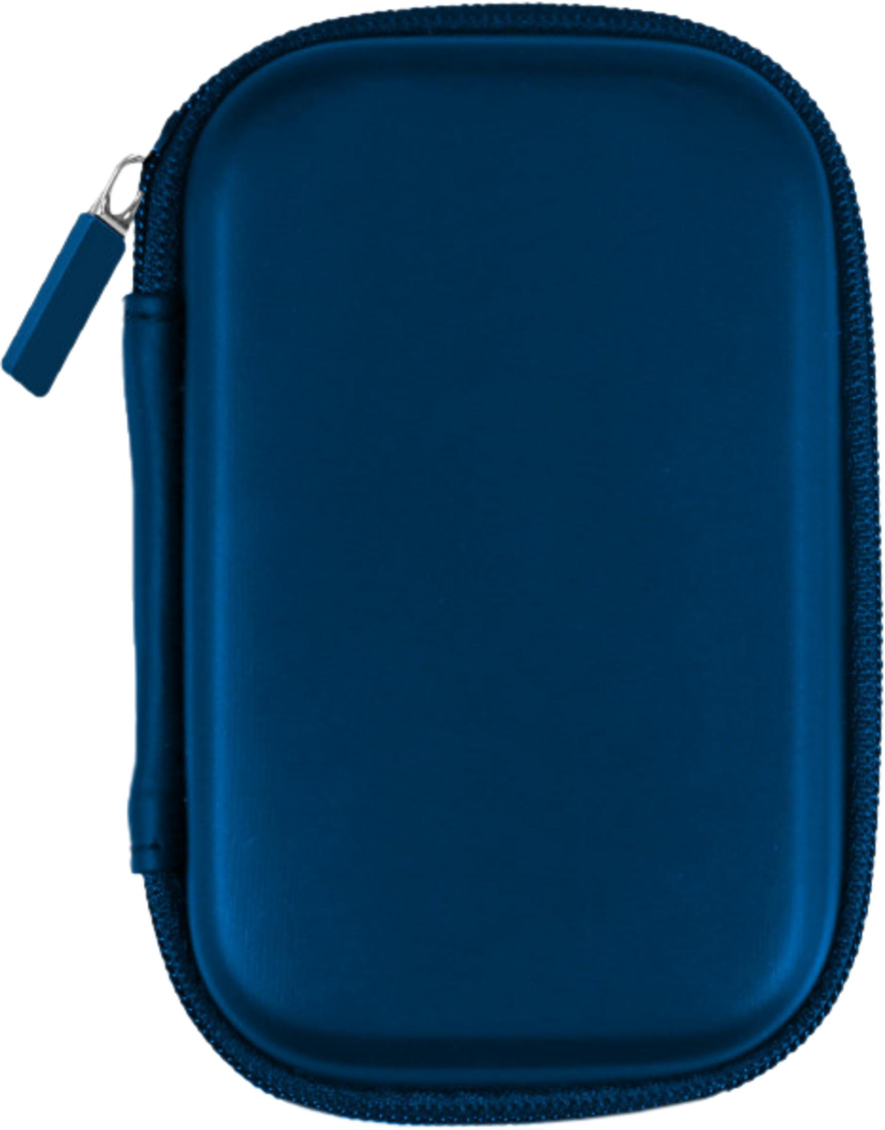 Un estuche azul oscuro con cremallera y tirador plateado.