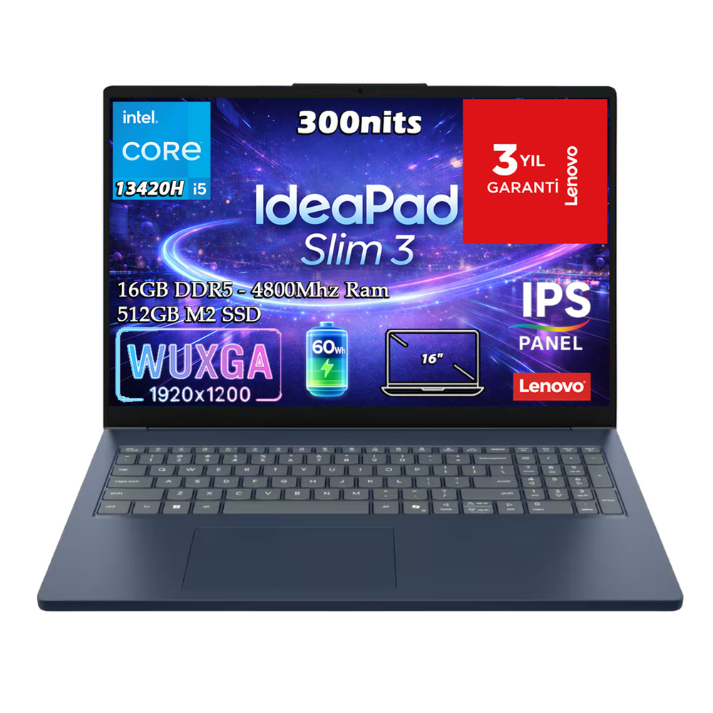 LENOVO IdeaPad Slim 3 16IRH10 WUXGA IPS Panel 83K20009TR Intel Core i5-13420H 16 GB RAM 512 GB SSD 16 inç FreeDOS Laptop Mavi
