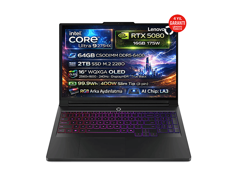 LENOVO Legion Pro 7 16IAX10H RTX 5080 16GB WQXGA OLED 240Hz 83F500GGTR Intel Core Ultra 9 275HX 64 GB RAM 2 TB SSD 16 inç FreeDOS Laptop Siyah