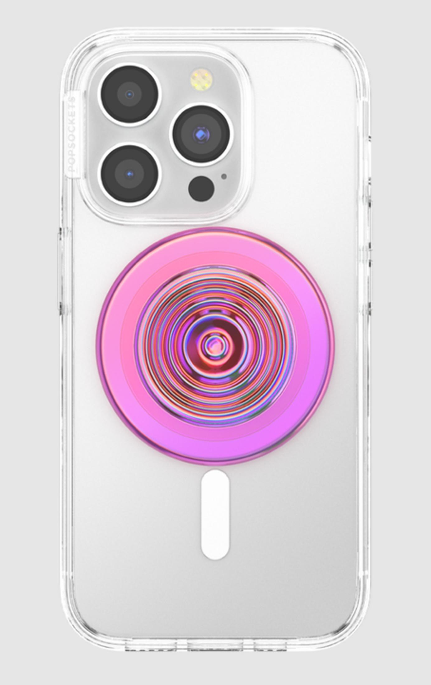 Ein klarer Handyhülle mit pinkem Pop-Socket und Kamera auf grauem Hintergrund.