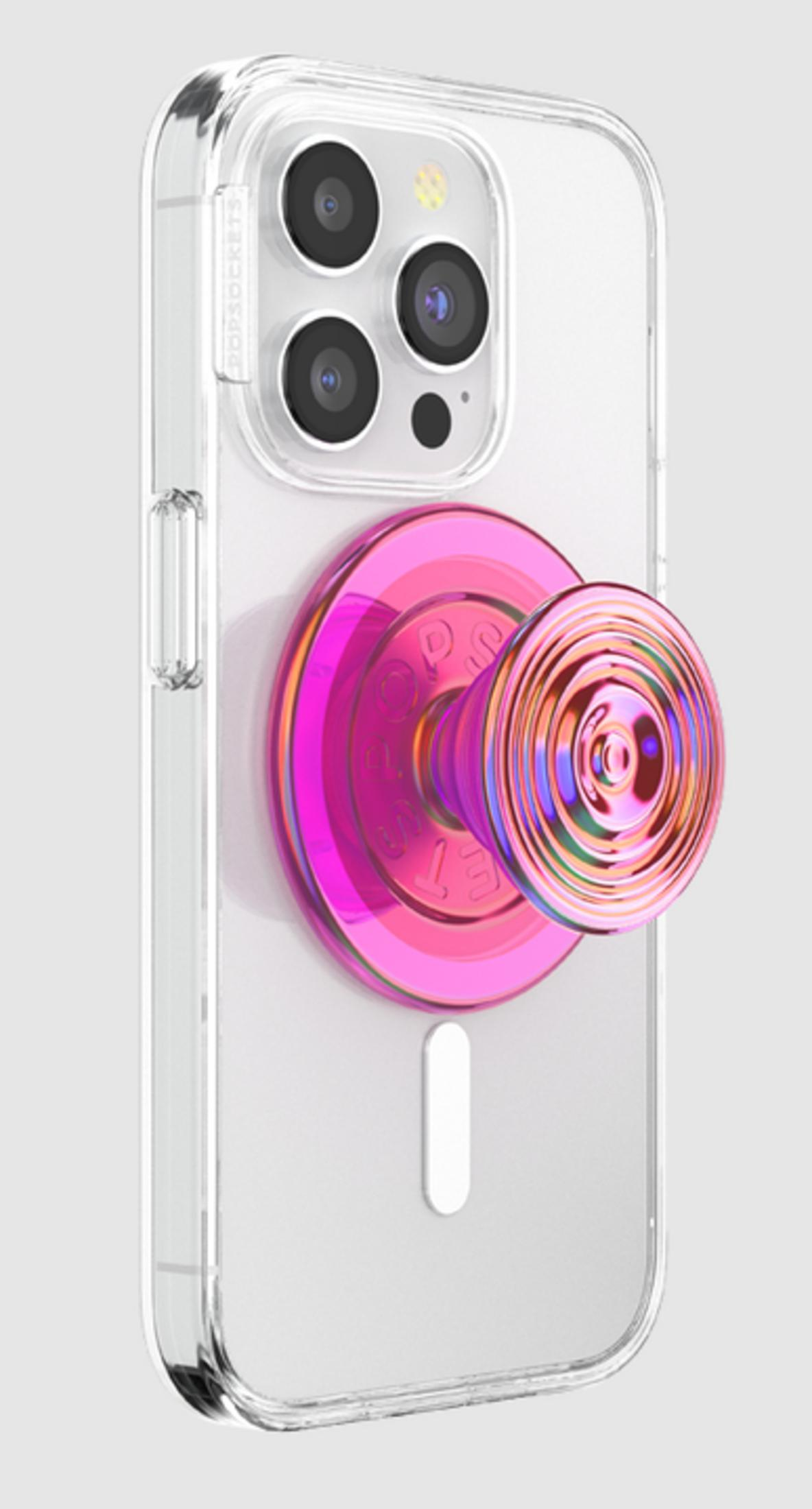 Ein pinker PopSocket ist auf der Rückseite eines transparenten iPhones befestigt.