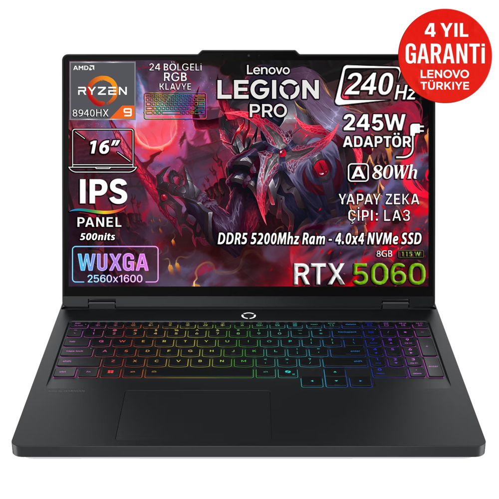Lenovo Legion Pro oyuncu laptopu AMD Ryzen 9, RTX 5060, 16" WUXGA ekranlı.