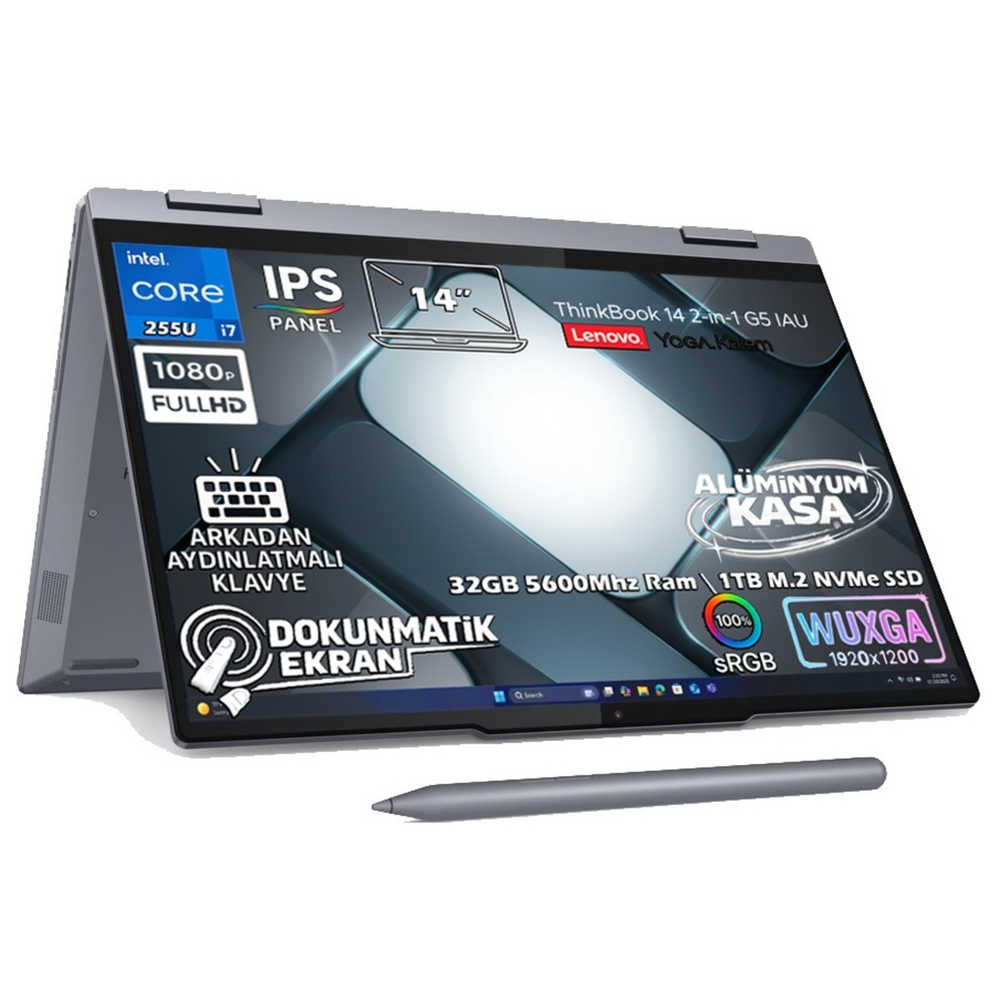 Gri Lenovo 14 inç dokunmatik ekranlı ve kalemli laptop. Intel Core i7, 32GB RAM, 1TB SSD.