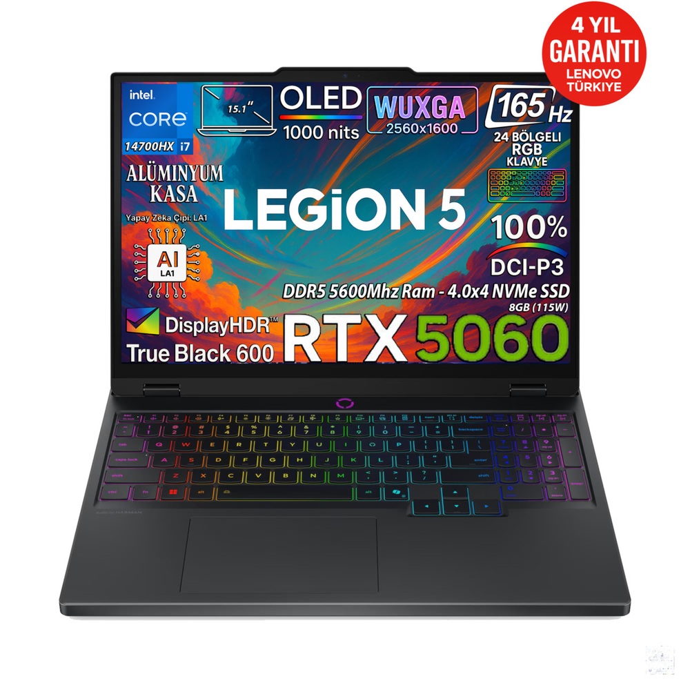 Intel Core i7, RTX 5060, 15.1" OLED WUXGA ekranlı Lenovo Legion 5 dizüstü bilgisayar.