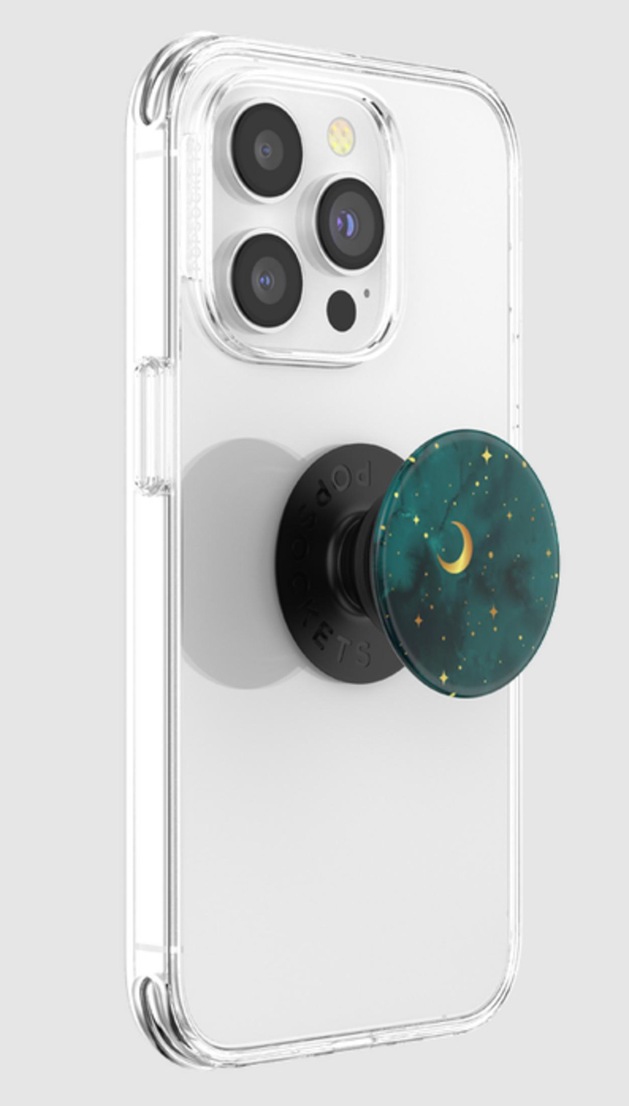 Ein durchsichtiger Handyhülle mit einem PopSocket mit Mond und Sternenmotiv.