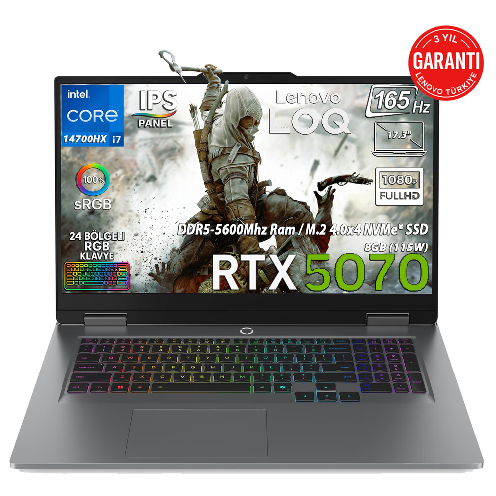 Lenovo LOQ dizüstü bilgisayar: Intel Core i7, 165Hz 17.3" IPS, RTX 5070, DDR5 RAM, NVMe SSD.