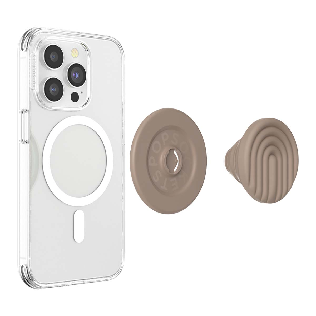 Custodia trasparente per iPhone con tre lenti e anello magnetico.