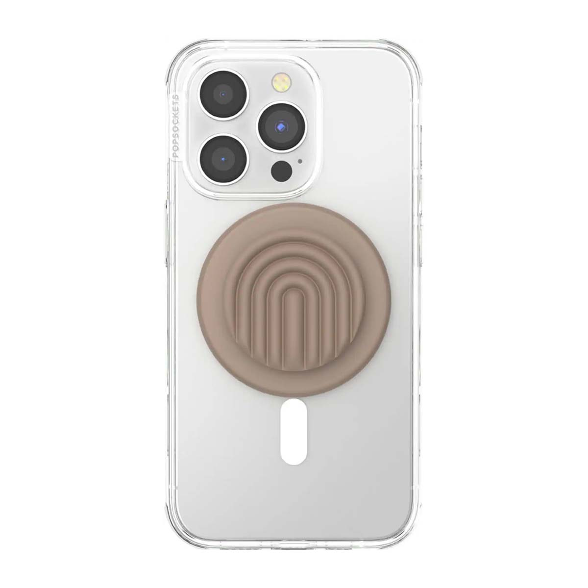 iPhone in custodia trasparente con PopSocket arcobaleno marrone.