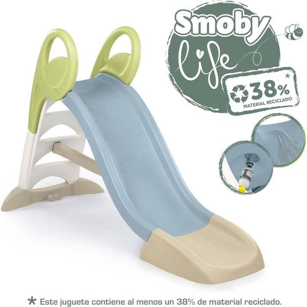 Scivolo per bambini azzurro e beige con manici verdi.