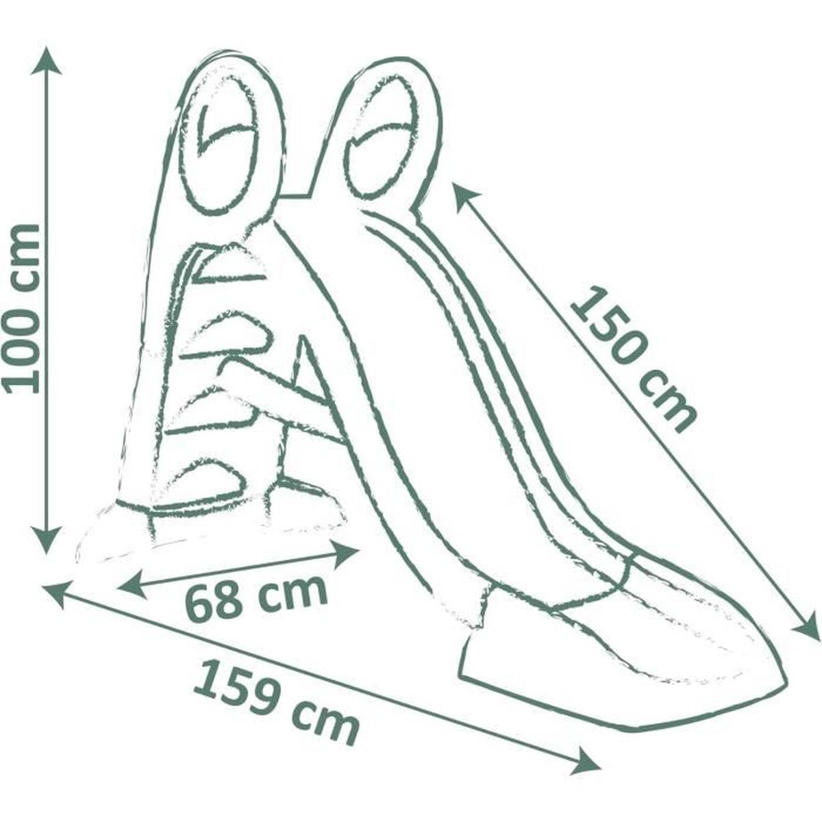 Schizzo di uno scivolo verde con dimensioni: altezza 100cm, larghezza 68cm, lunghezza 150cm.