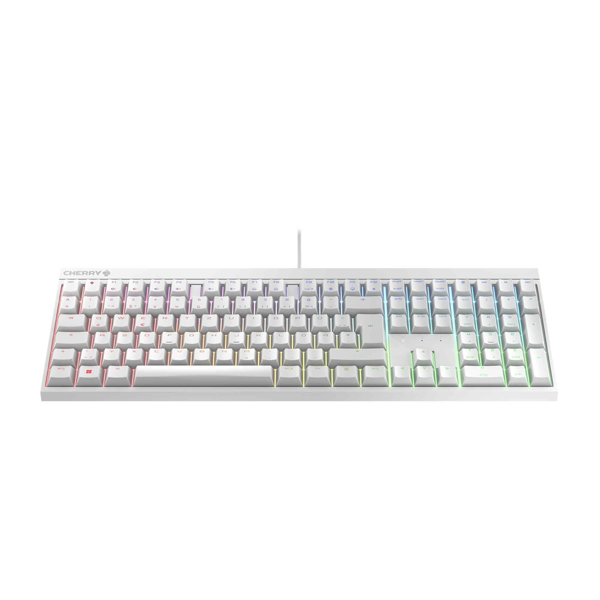 Eine weiße Cherry-Tastatur mit RGB-Beleuchtung, die auf den Tasten leuchtet.