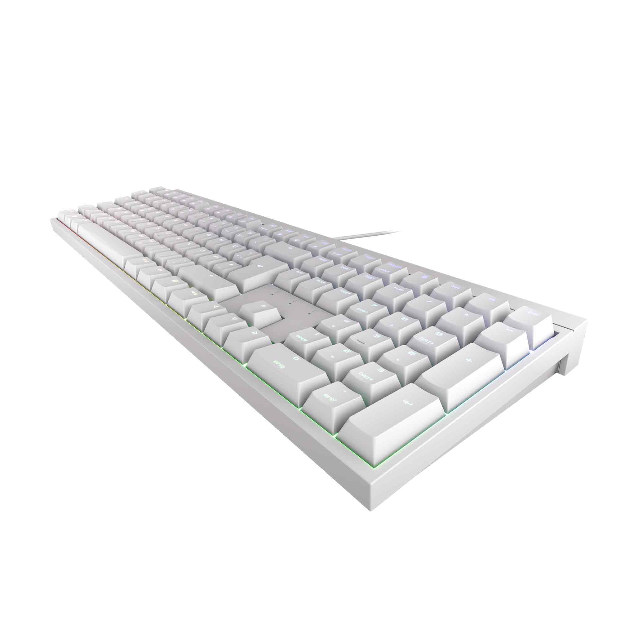 Ein weißes Keyboard mit RGB-Beleuchtung am Rand.